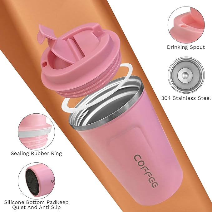 Travel Coffee Mugs Leak-Proof, Reusable Coffee Cups with Lids, Stainless Steel Vacuum Insulated Coffee Tumblers, Thermal Insulation Cups for Men and Women Hot & Cold Drinks(2nd-Pink, 17OZ)