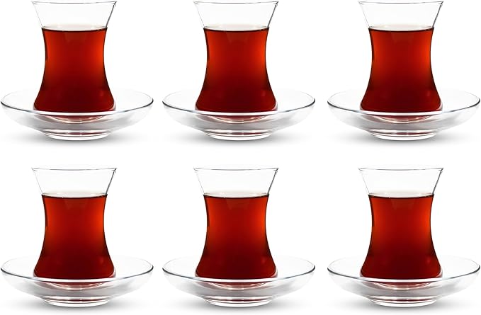 ums Turkish Tea Glass Set, Slim Waist Design and Thick Sole Prevent Tea From Getting Cold, Easy to Keep for 48 People, 48 Saucers, 48 Glasses, Useful Set (96 Pieces)
