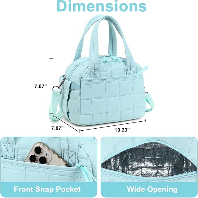 LEDAOU Lunch Box for Women Lunch Bag Quilted Puffer Lunch Box with Adjustable Strap Insulated Reusable LunchBox for Work School Picnic Travel (Sky Blue)