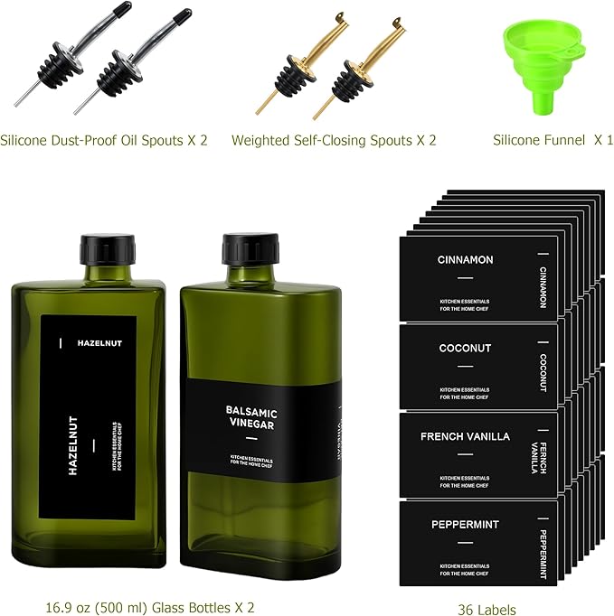 R DRURLCD Dark Green Glass Olive Oil Dispenser Set of 2, 16.9oz/500ml Curved UV-Blocking Oil and Vinegar,Soy Sauce,Coffee Syrup Bottles, 4 Gold Silver Stainless Steel Pourers for Kitchen