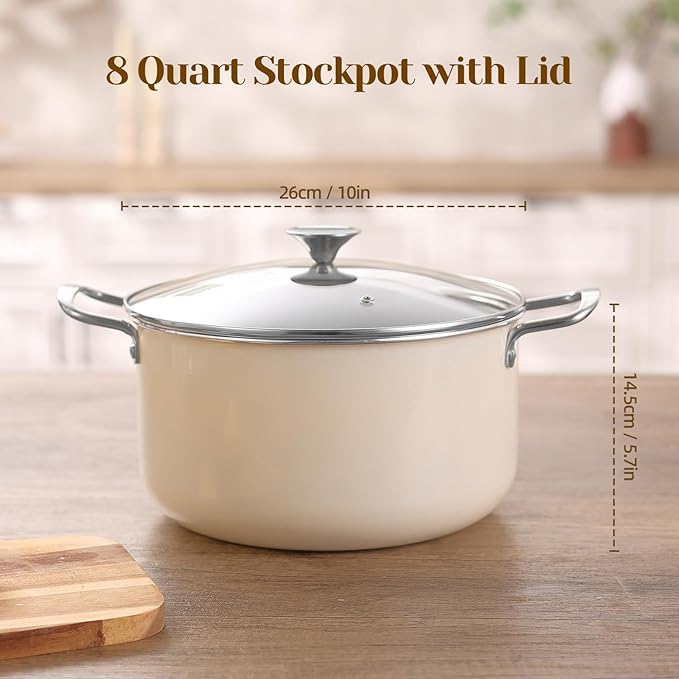 Ceramic Nonstick Stock Pot with Lid 8 QT Large Induction Cooking Pot with Stainless Steel Handles, Non Toxic Soup Pot for Stews, Oven & Dishwasher Safe, Cream White