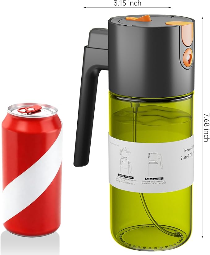 Upgrade 2 in 1 Oil Sprayer for Cooking, 17oz Light-Blocking Glass Olive Oil Dispenser Bottle for Kitchen,Food-Grade Oil Mister with 8 Stickers(2PCS)