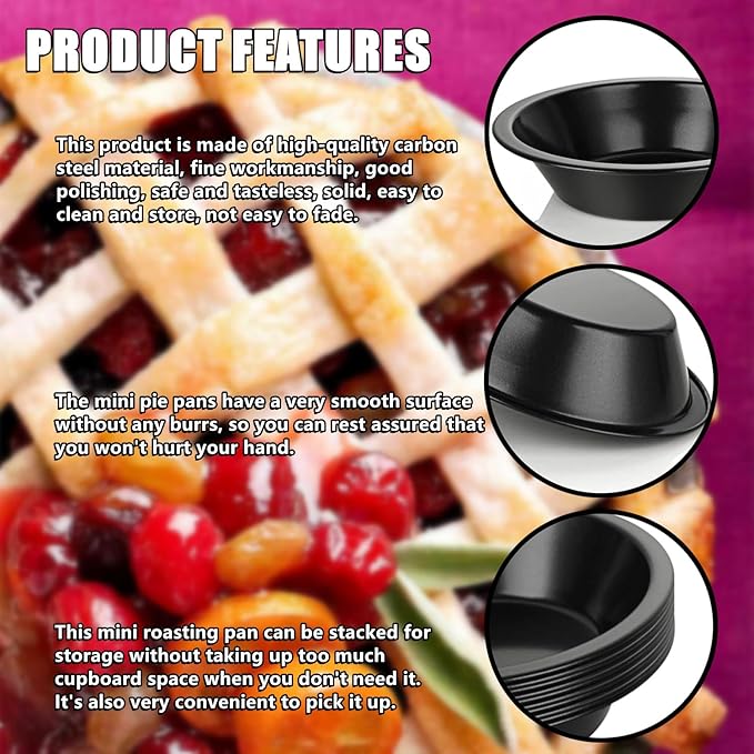 RHBLME 10 Pack Mini Pie Tins, Nonstick 4 Inch Small Pie Pans, Carbon Steel Individual Pie Tins for Baking Dessert, Fruit Pie and Beef Pie, Oven Safe & Dishwasher Safe