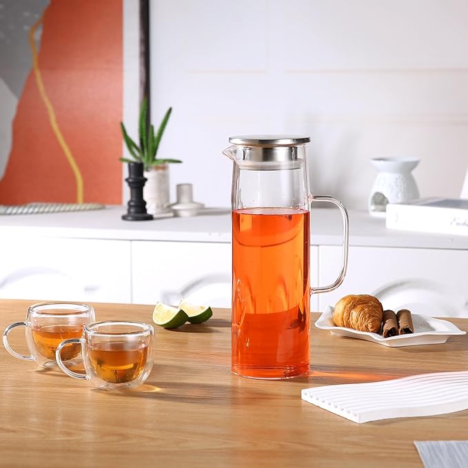 Heat Resistant Glass Pitcher With Lid And Spout, Iced Tea Pitchers Beverage Pitchers For Fridge, Water Pitcher And Carafe 1200ml/41oz