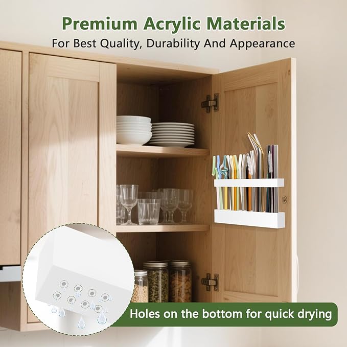 9.5" Large Acrylic Straw Holder for Cabinet Door - Reusable Tumbler Straw Organizer Storage, Small Kitchen Accessories Container, Ultra Sticky Cupboard Door Mounted (White)