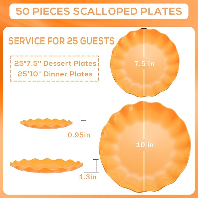 LIYH 50 Pcs Orange Scalloped Heavy Duty Reusable Unbreakable Plastic Plates for Party, Dishwasher Safe BPA Free (25 Guests) - 10 Inch Dinner Plate and 7.5 Inch Dessert Plates