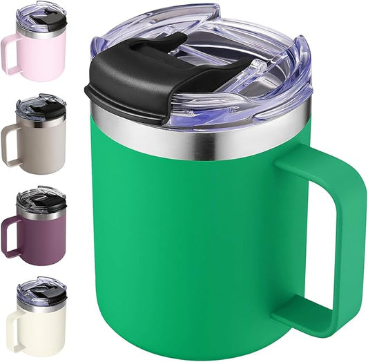 ALOUFEA 12 oz Insulated Coffee Mug Cup with Handle, Stainless Steel Travel Coffee Mug with Flip Lid, Double Wall Vacuum Coffee Tumbler, Meadow