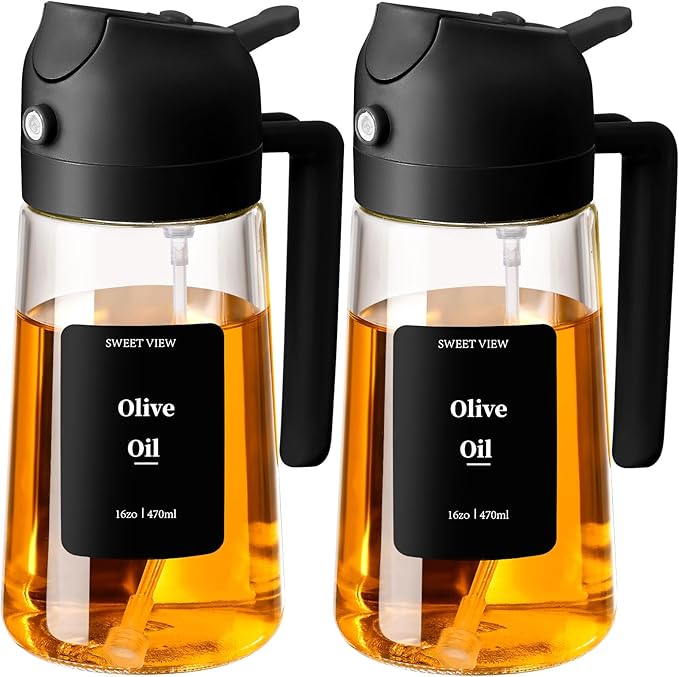 2PCS Oil Sprayer for Cooking, 16oz/470ml Glass Oil Dispenser/Pour Bottle, Kitchen Accessories, Kitchen Gadgets for Air Fryer, Salad, BBQ, with Stickers (Black,Black)