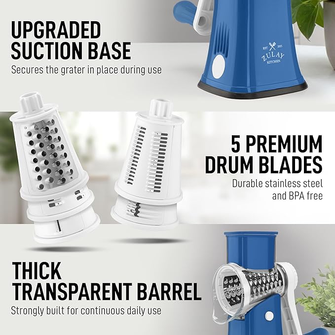 Zulay Kitchen Rotary Cheese Grater 5 Blade Cheese Shredder - Manual Hand Crank Cheese Grater With Reinforced Suction & 5 Interchangeable Drums - Easy to Use, Vegetable Chopper Round Mandoline Slicer