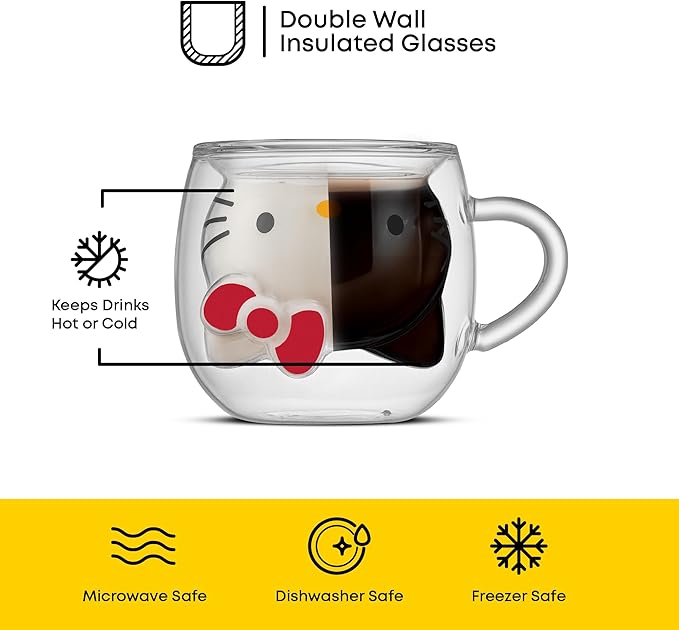JoyJolt Hello Kitty 3D Coffee Mug, 13.5 oz Double Wall Glass Cup with 3D Design, Insulated Cute Mug for Tea, Latte, or Iced Coffee, Kawaii Sanrio Cup, Hello Kitty Kitchen Stuff