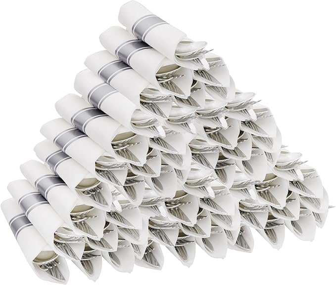 Supernal 60 Pack Pre-Rolled Silver Plastic Cutlery Heavy Duty Wrapped Silverware Disposable Premium Silver Plastic Silverware Forks and Spoons for Valentine's Day Mother's Day and Easter