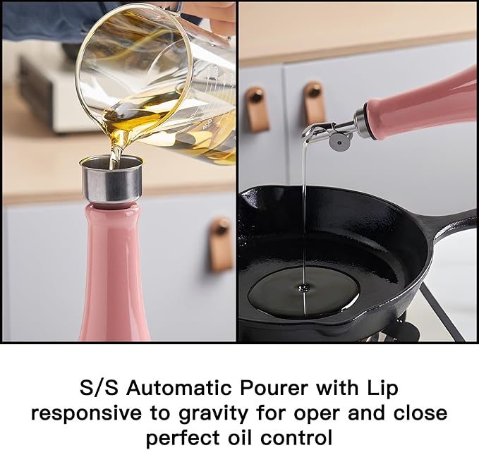 YOLIFE Olive Oil Dispenser Bottle, 20oz Ceramic Oil Dispenser for Kitchen, Oil Bottle with Gravity Spout, Leak Proof EVOO Dispensing Bottle with 2 Spouts and 1 Funnel for Vinegar, Juice(Pink)