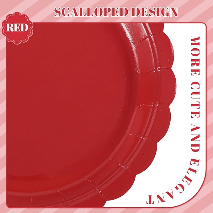 30 Pcs Red Paper Plates 9 Inch Scalloped Disposable Red Dessert Dinner Plate Cute Party Plates for Mothers Day, Birthday, Picnic