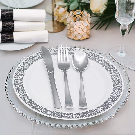 Party Essentials Pre-Rolled Disposable Extra Heavy Duty Plastic Cutlery Kit with Silver Fork/Knife/Spoon and 3-Ply White Napkin (Case of 100 Rolls), (N501725-4)