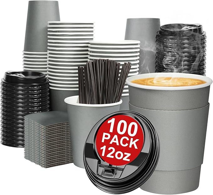 100 Pack 12 oz Disposable Paper Coffee Cups with Lids and Sleeves and Stirring Sticks, Leak-free Disposable Insulated Paper Cups for To Go Hot or Cold Beverages(Gray)