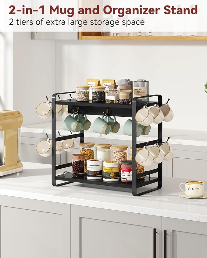 IBUYKE Coffee Bar Station Countertop Organizer,2 Tier Kitchen Mug Cup Holder Stand,Wooden Coffee Mug Organizer with 18 Hooks,Multifunctional Mug Tree for Home Kitchen, Office,Black UTBJ006B
