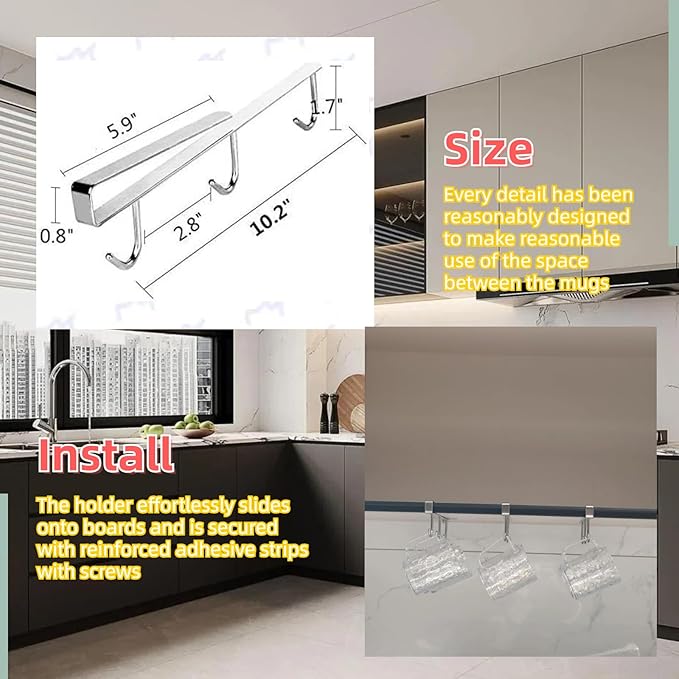 Mug Hooks Under Cabinet , 304 Stainless Steel Cup Hooks for Hanging Under Shelf, Mug Organizer Rack with 9 Hooks for Displaying Mugs, Coffee Cups and Kitchen Utensils,Fit for 0.8" or Less thickness