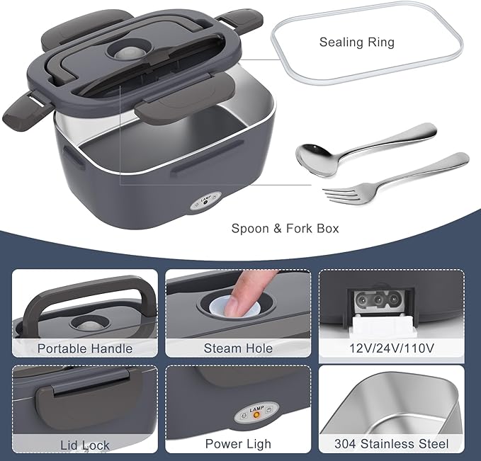 Electric Lunch Box Food Heater for Adults 80W Portable Food Warmer for Car/Home 1.5L Heated Lunch Box for Adults, 12V/24V/110V Loncheras para Hombres de Trabajo lonchera eléctrica portátil
