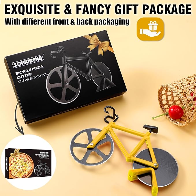 Bicycle Pizza Cutter Wheel - Gifts for Cyclists, Men, Dad, Bike Lovers - Funny Kitchen Gadgets - Cool Father’s Day, Christmas, Birthday, White Elephant Gifts - Stainless Steel Pizza Slicer(Yellow)