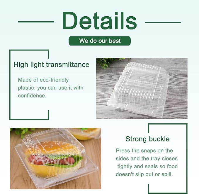 100 Pack Clear Plastic Square Hinged Food Container,Disposable Plastic To Go Containers with Clear Lids,Cake Slice Containers Clamshell Takeout Tray for Pastry,Salad,Dessert(5.1"x 4.7"x 2.8")