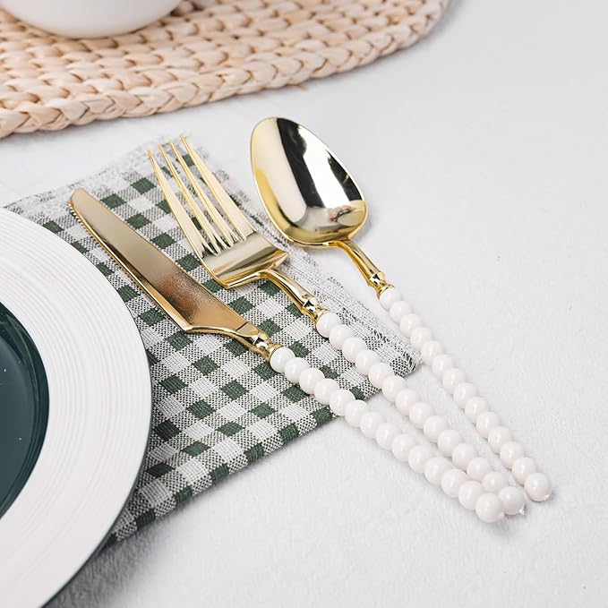 150 Pcs Gold Plastic Silverware,Gold Plastic Utensils with Ivory Beads Handle,Fancy Disposable Cutlery Set Include 50 Forks 50 Knives 50 Spoons for Party & Wedding