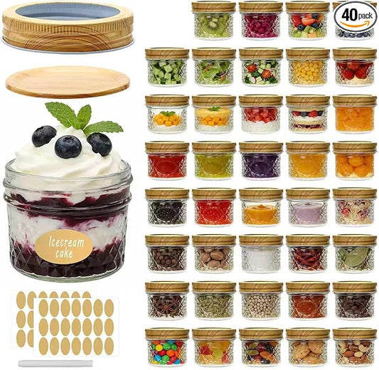 Accguan Mini Mason Glass Canning Jars,4 OZ Jelly Jars With Woodgrain Lids and Bands,Ideal for Honey,Jam,Wedding Favors,Shower Favors,Small Pice Jars 40 PACK