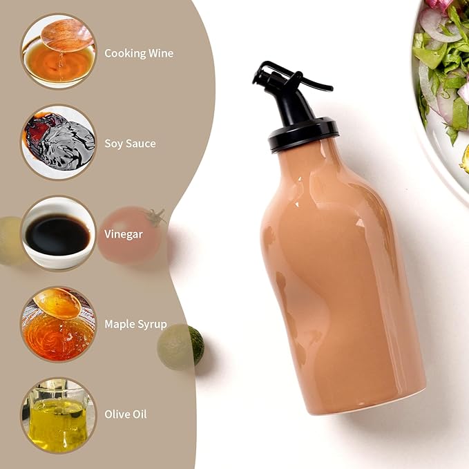 Ceramic Oil Dispenser Bottle with Acrylic Spout - Mini Kitchen Oil & Vinegar Cruet for EVOO, Avocado Oil - Easy-Grip Design, Compact Size 285ml (Glossy Brown)