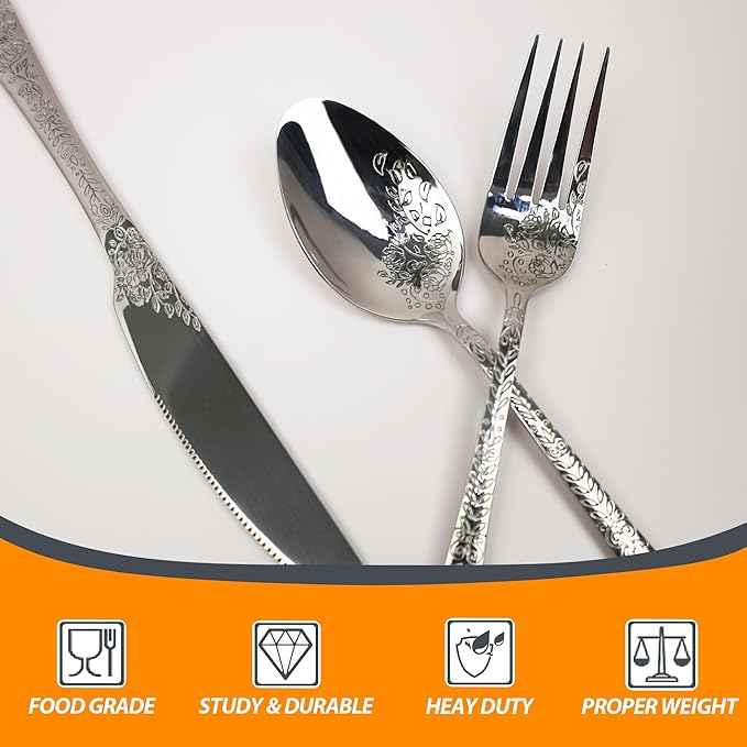 Runfly Vintage Carved Floral Silver Silverware Set for 4, Stainless Steel 20-Piece Flatware Set with Knife/Fork/Spoon, Cutlery Set for Home and Kitchen, Modern Utensil Set