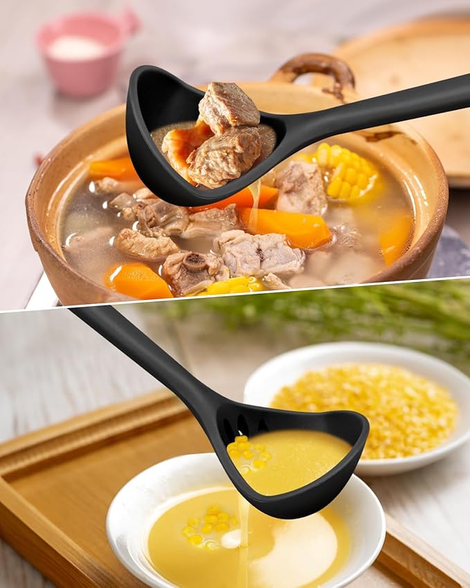 Large Silicone Ladle Spoon for Soup, Non Stick Kitchen Utensils with High Heat Resistant, BPA Free, Perfect Kitchen Tools for Cooking, Stirring,Serving Soups, 13.2inch (Black)