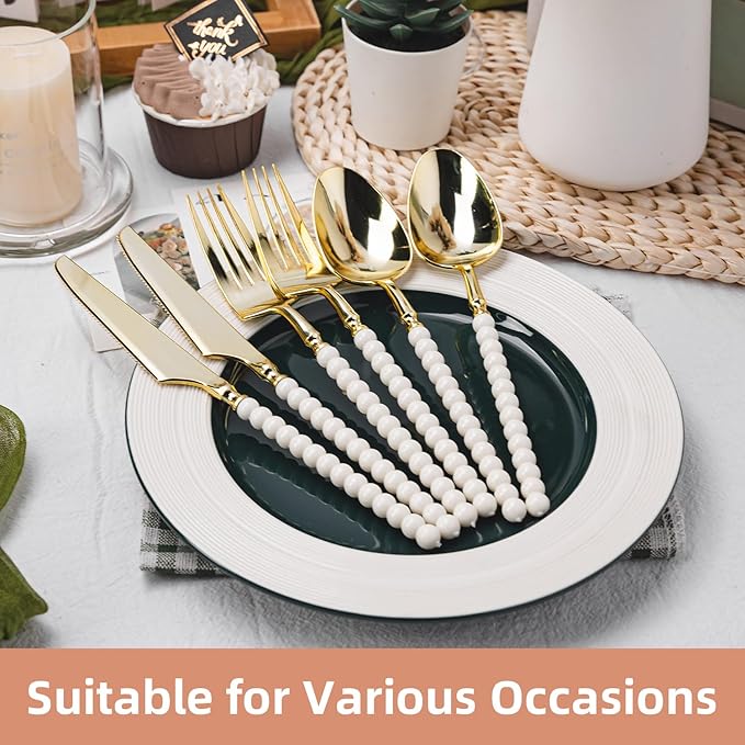 150 Pcs Gold Plastic Silverware,Gold Plastic Utensils with Ivory Beads Handle,Fancy Disposable Cutlery Set Include 50 Forks 50 Knives 50 Spoons for Party & Wedding