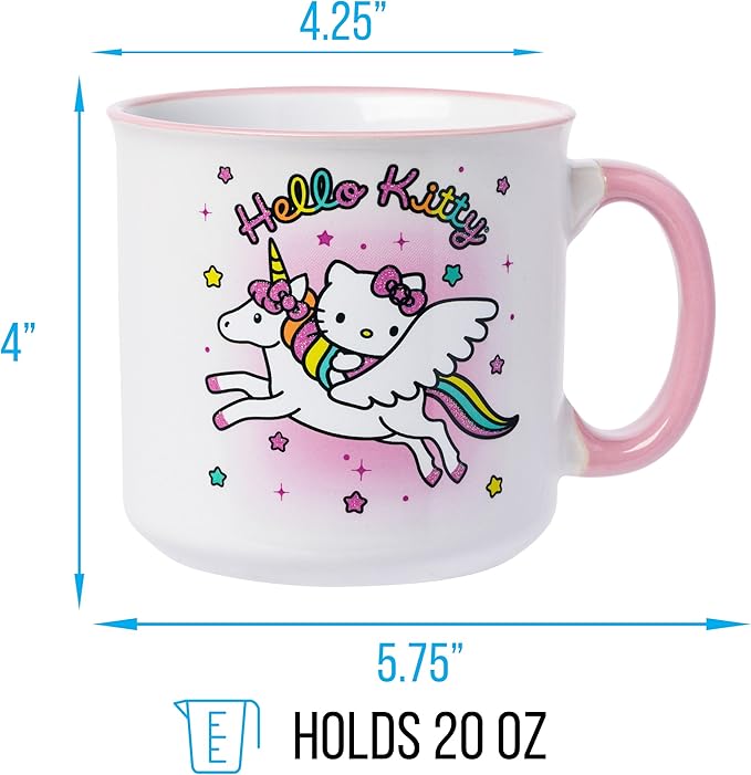 Silver Buffalo Sanrio Hello Kitty Rainbow Unicorn Glitter Ceramic Camper Mug, 20 Ounces
