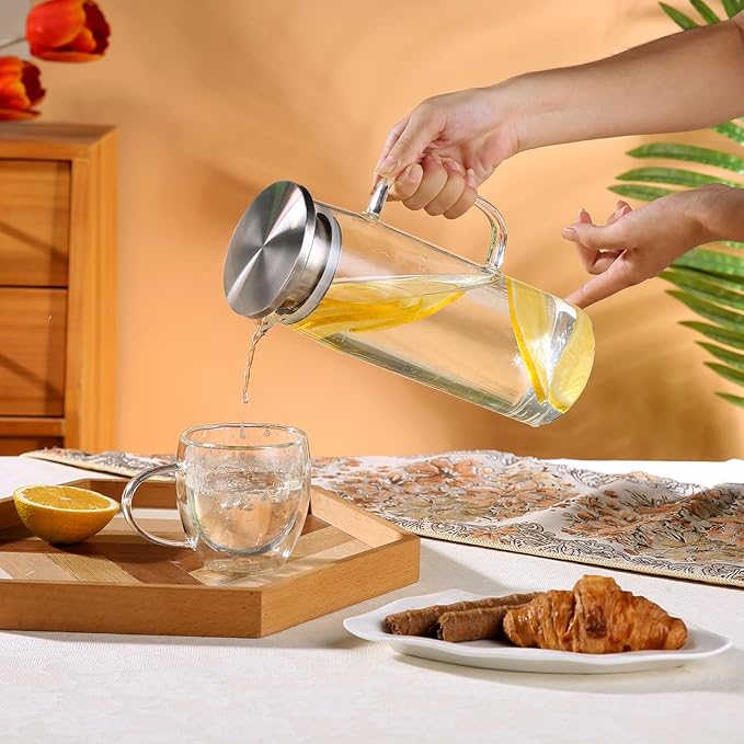 Heat Resistant Glass Pitcher With Lid And Spout, Iced Tea Pitchers Beverage Pitchers For Fridge, Water Pitcher And Carafe 1200ml/41oz