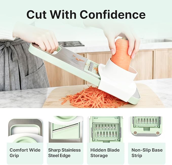 Stainless Steel Mandoline Slicer for Kitchen, 6-in-1 Vegetable Slicer with 360° Full-Cover Safety Guard, Adjustable Food Cutter for Potato, Carrot & Salad Prep, Space-Saving Design (Mint Green)
