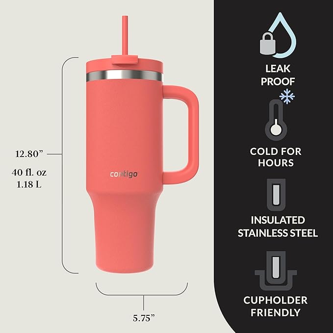 Contigo Streeterville 40oz Tumbler Stainless Steel Vacuum Insulated Leak-Proof Cold for 29 Hours Coral