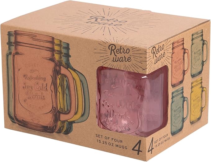 Glaver's Mason Jar Drinking Glasses Set Of 4, 15 oz. Colored Mugs With Embossed Ice-Cold Drinkware Logo, Glass Mason Jar Mug With Handle. For Smoothies, Cocktails, Beverages. Hand Wash