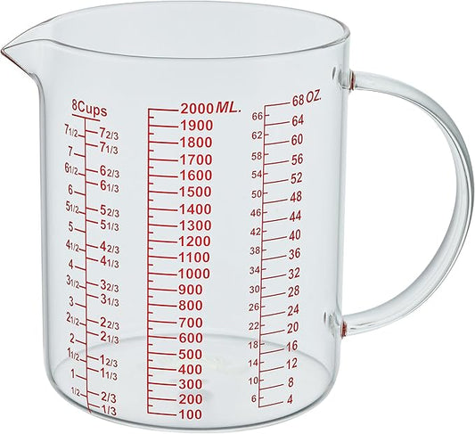 Glass Measuring Cup-[Insulated handle | V-Shaped Spout]-Made of High Borosilicate Glass Measuring Cup for Kitchen or Restaurant, Easy to Read, 2000 ML (64 Oz, 8 Cup)
