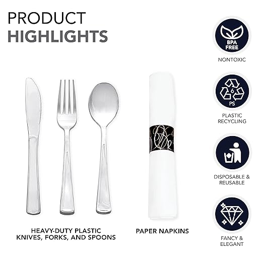 Party Essentials Pre-Rolled Disposable Extra Heavy Duty Plastic Cutlery Kit with Silver Fork/Knife/Spoon and 3-Ply White Napkin (Case of 100 Rolls), (N501725-4)