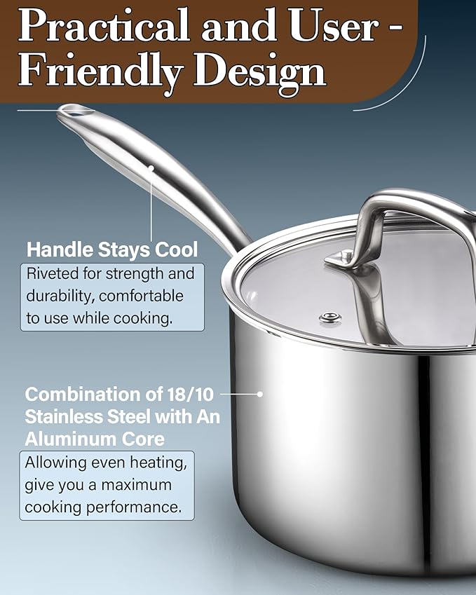 Cook N Home Stainless Steel Sauce Pan with Lid, 3 Quart 3-Ply Full Clad Small Kitchen Pot, Dishwasher & Oven Safe, Compatible w/ All Cooktops