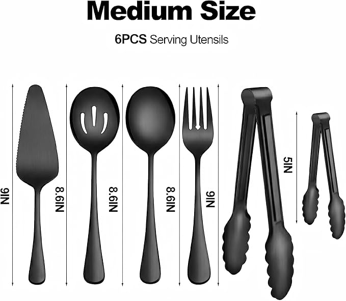 Serving Utensils, XEVOM 6-Piece Stainless Steel Serving Utensil Set Include Serving Spoon, Slotted Serving Spoon, Serving Fork,Serving Tong, Appetizers Tong,Pie Server(Black)