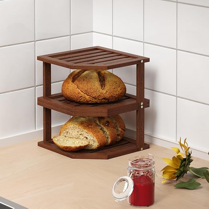 Bamboo Corner Shelf,2 Tier Plate Organizer for Cabinet and Countertop,Pantry Dish and Spice Rack for Kitchen（Brown）