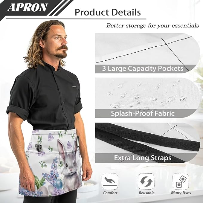 Server Waitress Waist Apron with 3 Pockets, Short Aprons for Servers,Waiter Apron For Waiter Accessories