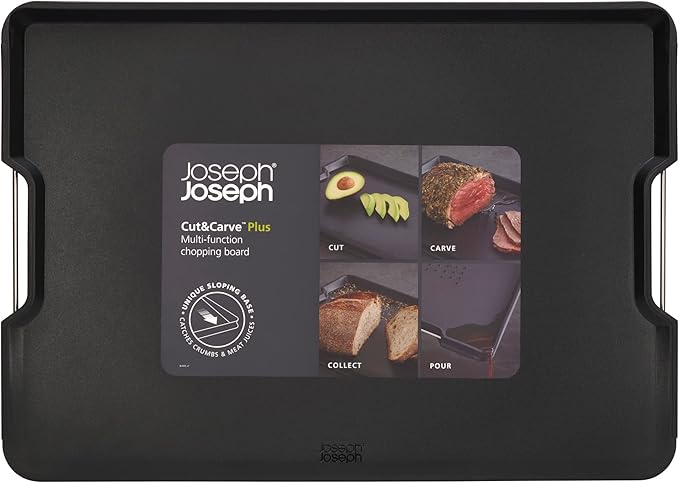 Joseph Joseph Cut&Carve Plus - Non-Slip, Multi-Function, Double-Sided Cutting Board for Food Preparation and Carving- Dishwasher Safe, Large – Black