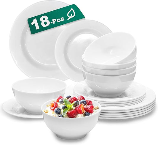6 Sets Plates And Bowls Set(18 Piece) - Unbreakable Lightweight Dinnerware Set With 26 oz Cereal Bowls 8 inch Dessert Plates 10.5inch Dinner Plates Dishwasher Safe Reusable Gift for Wedding Home