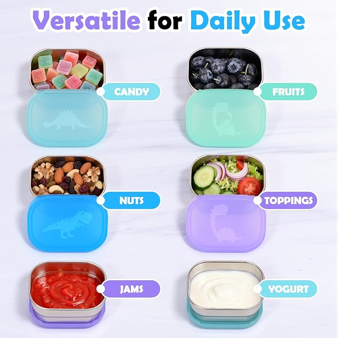 4×8oz Small Stainless Steel Snack Containers for Kids & Toddlers - 230mL Leakproof Food Containers with Cute Dino Lids | LFGB Certified, Stackable Metal Snack Box for Daycare, School, Travel