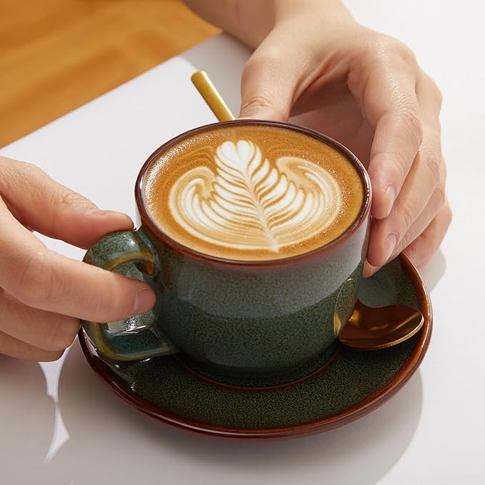 Stoneware Coffee Cups with Saucers, 6 Oz Cappuccino Cups Set of 4, Microwave & Dishwasher Safe, Perfect For Tea, Espresso, Latte, Ceramic Mugs for Kitchen or Cafe, Brown Green