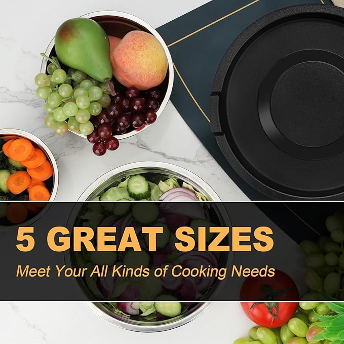 5 Piece Mixing Bowl Set - Mixing Bowls with Lid, Stainless Steel Mixing Bowls for Baking, Size 1.5, 2.1, 3.5, 4, 4.5QT, Baking Bowl for Food Preparation, Mixing and Serving Foods