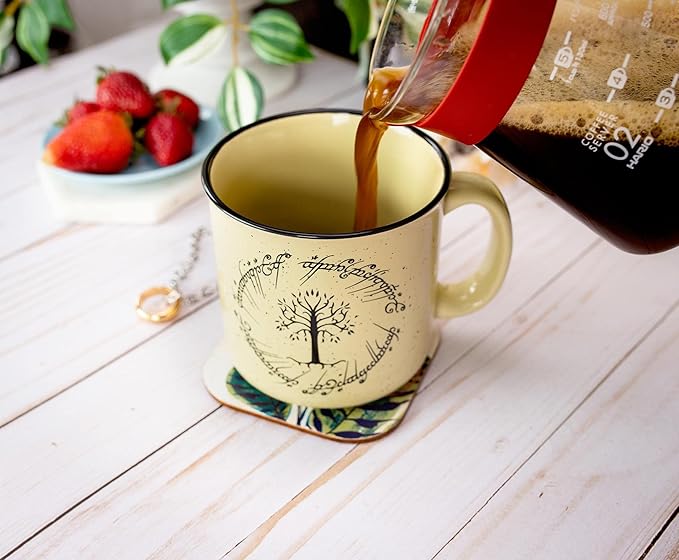 The Lord of the Rings Gondor Elven Script Ceramic Camper Mug | BPA-Free Travel Coffee Cup For Espresso, Caffeine, Cocoa | Home & Kitchen Essentials, Hobbit Gifts and Collectibles | Holds 20 Ounces