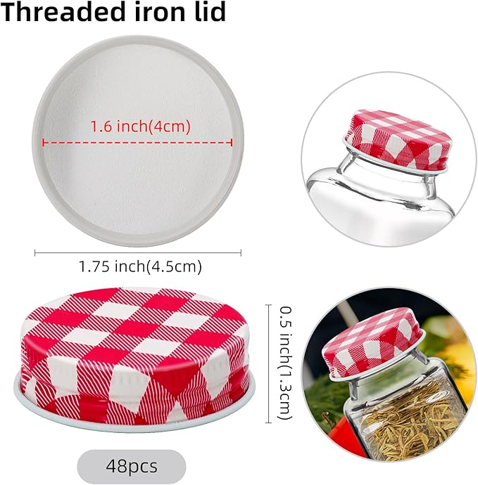 48 Pcs iron Jar Lids Lids for 4 oz and 6 oz Square Spice Jars Reusable Can Airtight Spice Storage Canning Lids for Nice Sealing Kitchen (Red grid)