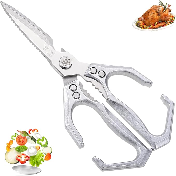 Kitchen Shears, stainless steel Sharp Kitchen scissors Dishwasher Safe, Gadgets Cooking Shears for Meat, Chicken Fish Poultry Herb Bread for Food Multi-function for home use (silver)