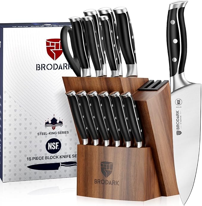 BRODARK Kitchen Knife Set: Full Tang 15 Pcs Professional Chef Knife Set with Sharpener, Razor-sharp Knives Set for Kitchen, German Stainless Steel Knife Block Set, Gift Box for Men Women